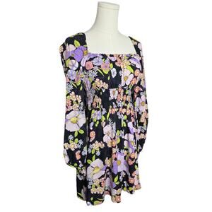AFRM Black/Purple Floral Smocked Long Sleeve Dress